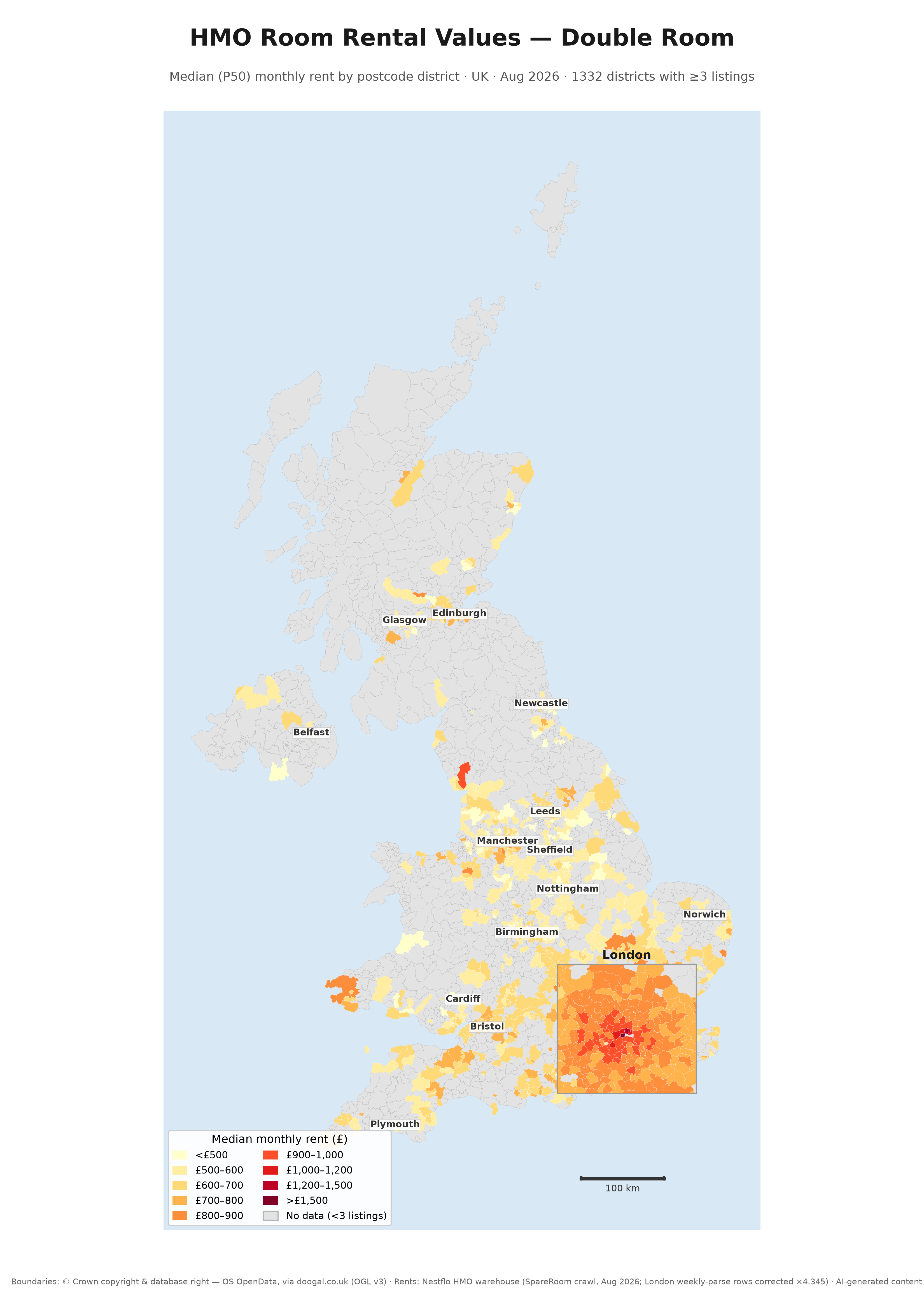 UK choropleth map of median double-room rent by postcode district, August 2026
